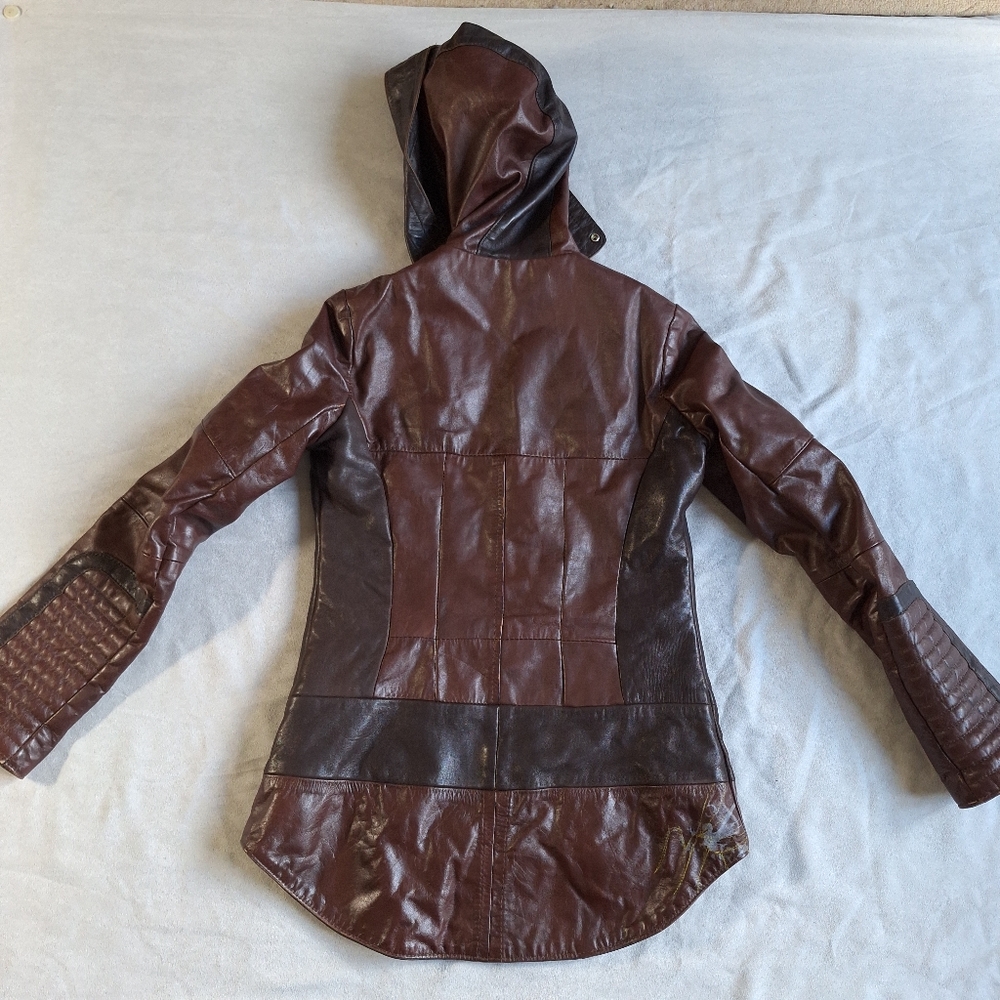 Women’s Brown Hooded Leather Jacket - Picture 7 of 12